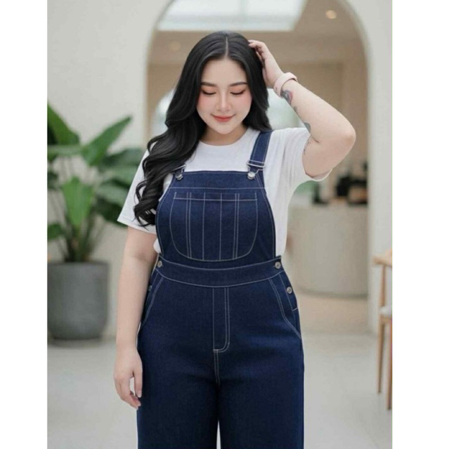 #69(ส่งเร็ว)เอี๊ยมกางเกงขายาว ผ้ายีนส์ทรงลิซ่า+เสื้อยืดสีขาว bigsize ไซส์ใหญ่ สำหรับผู้หญิง สีขาว Women Lady Clothing - รูปที่ 3