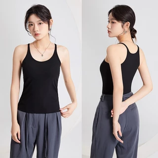 เสื้อกล้ามมีบราในตัว เสื้อกล้ามเว้าไหล่ ผ้าร่องนุ่ม ยืดหยุ่นใส่สบาย เสื้อสายเดี่ยว มี 5 สี Manycute