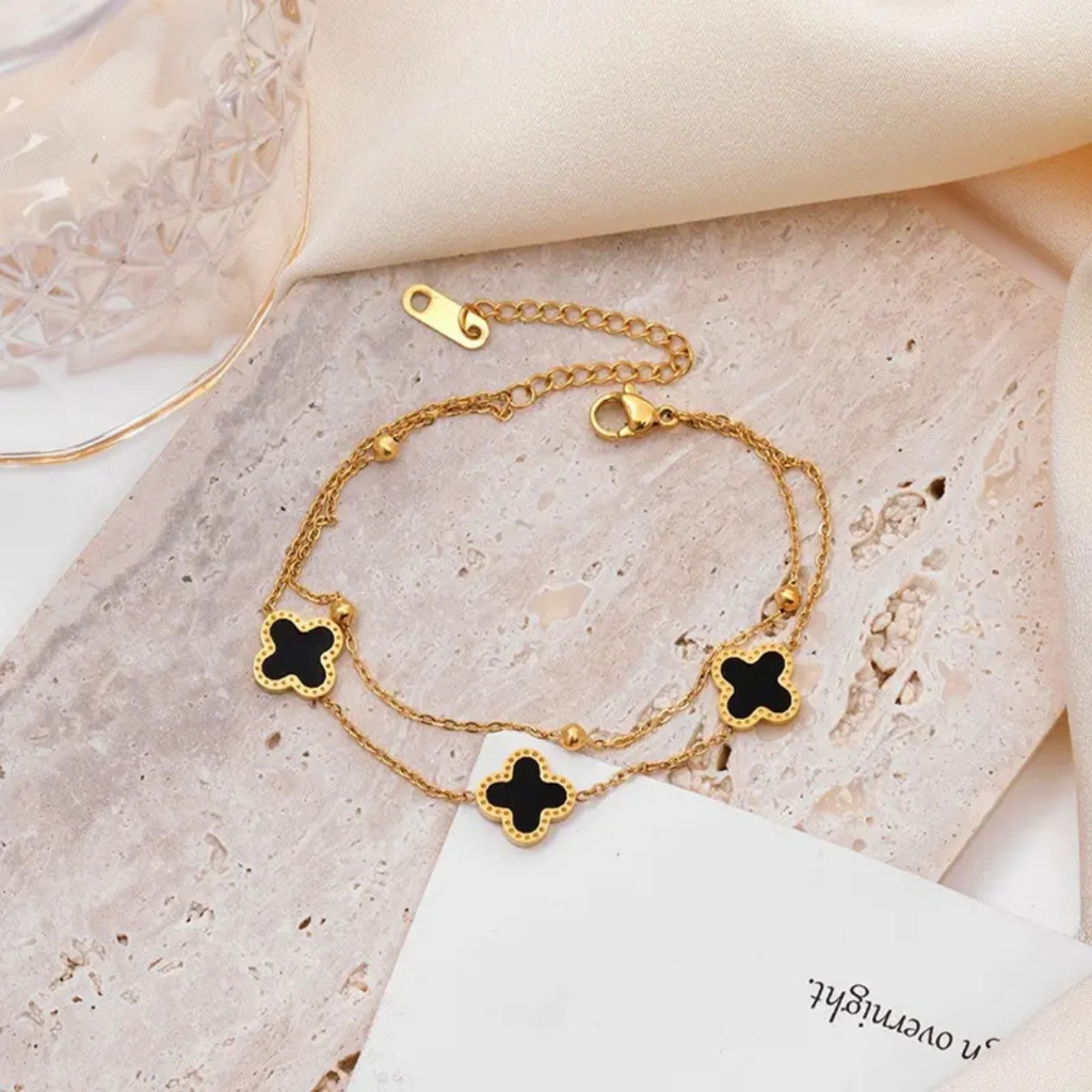สร้อยข้อมือโซ่ทองจี้ Clover  สร้อยข้อมือแฟชั่น สร้อยข้อมือสองชั้น