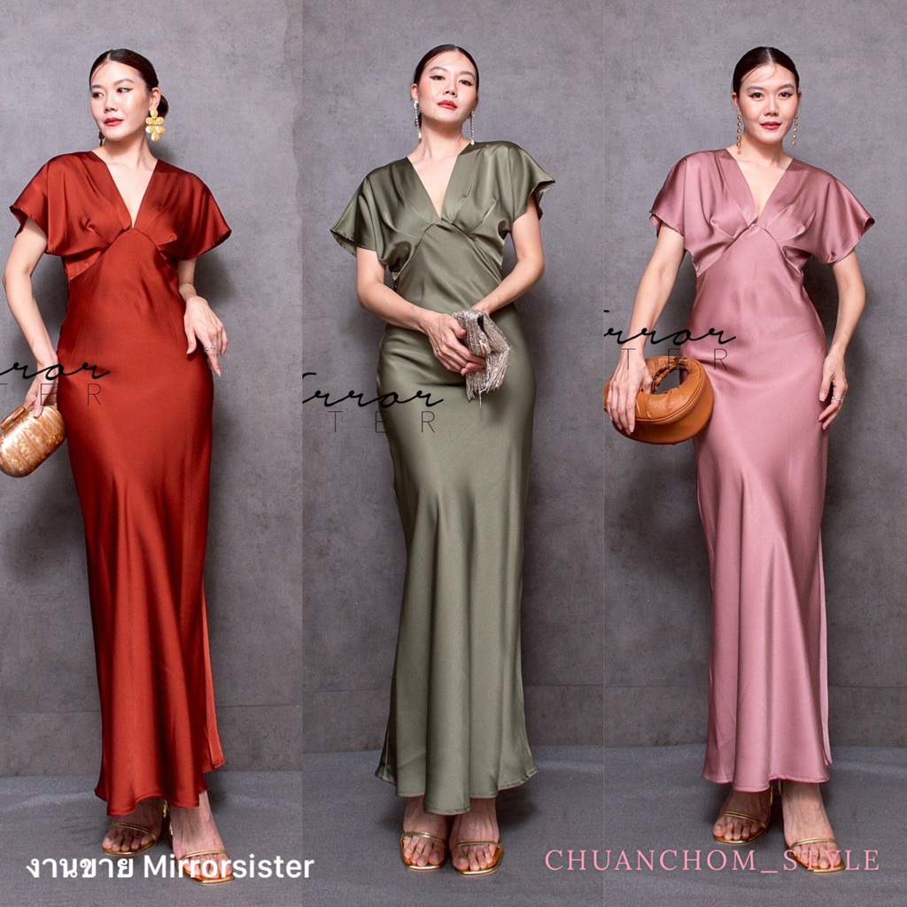 🔖 Mirrorsister 50429.1 เดรสออกงาน ผ้าซิลค์ซาติน แต่งคอVลึก จับจีบช่วงหน้าอก ช่วงล่างเป็นกระโปรงทรงเม