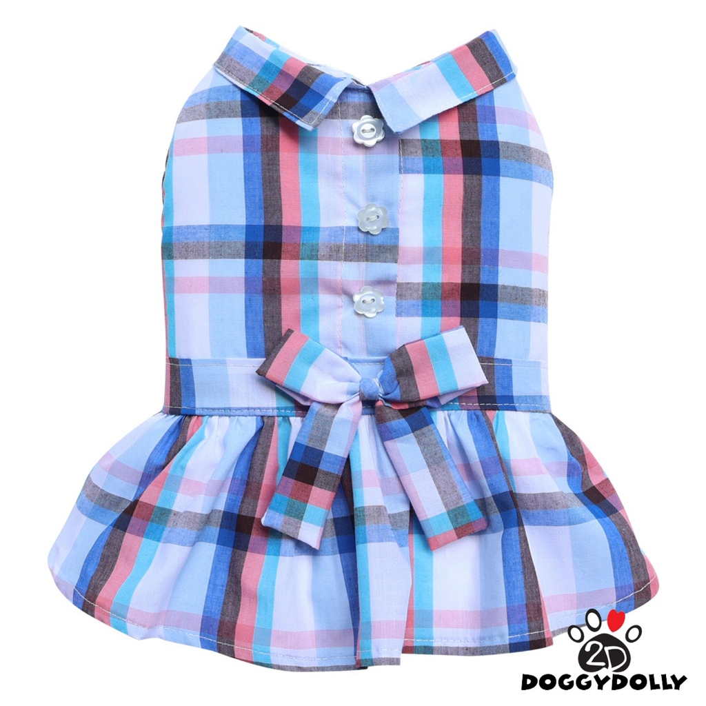Pet clothes -Doggydolly  เสื้อผ้าแฟชั่น น้องหมาน้องแมว ชุดกระโปรง แขนกุด สีฟ้า สก๊อต คอปก ขนาดไซส์ 1-9โล D931