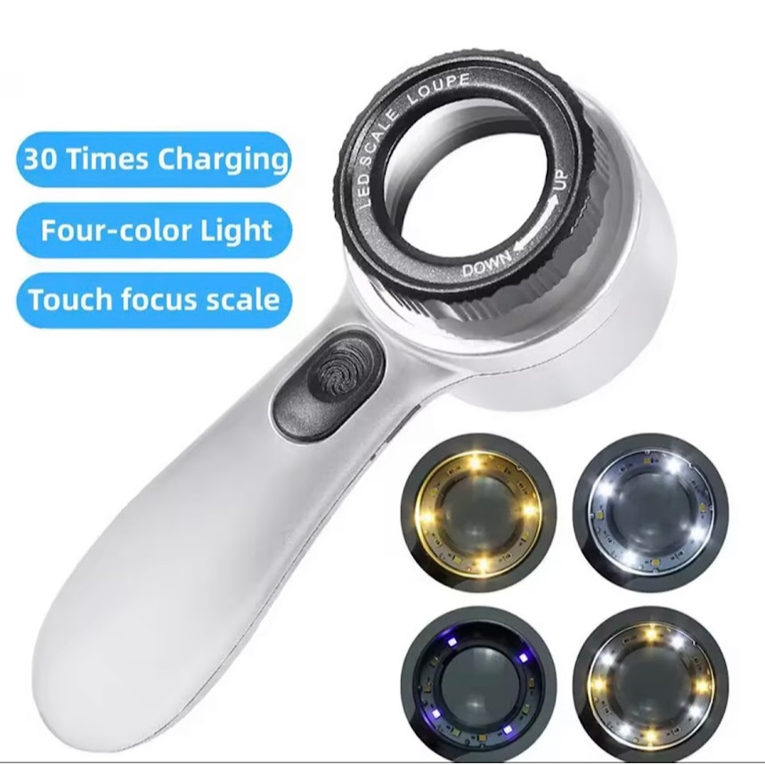8690 Professional Handheld 30X Appraisal แว่นขยาย USB ชาร์จ 4สีแหล่งกําเนิดแสง LED เครื่องประดับโบราณภาพวาด Appreciation