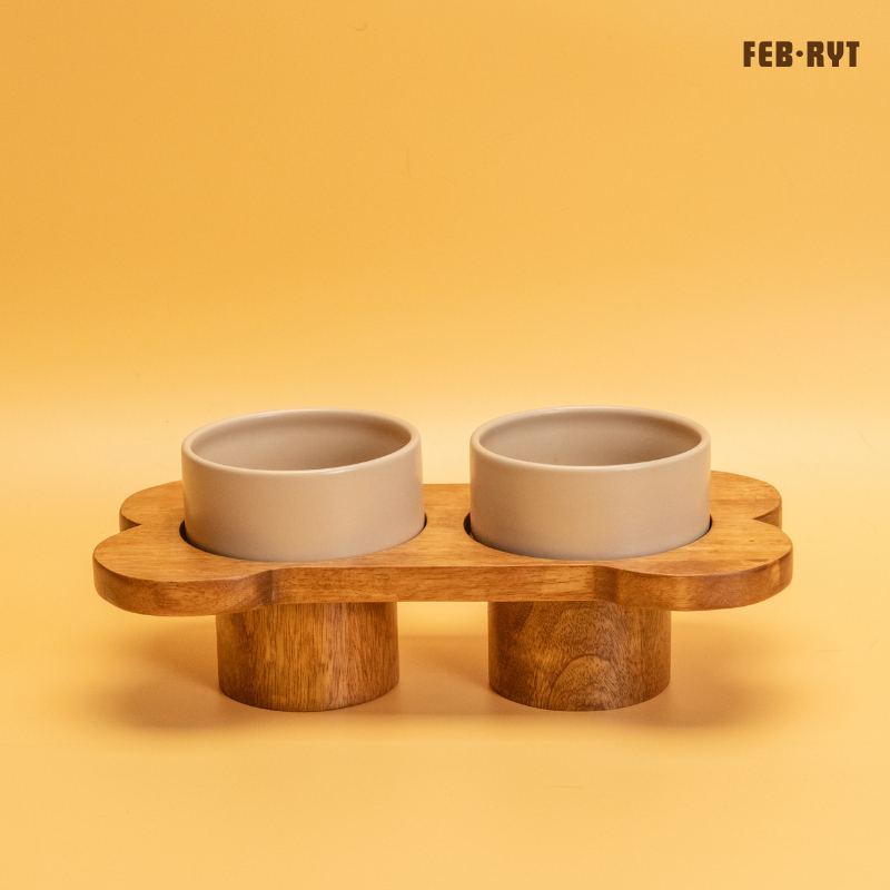 Round Legs Bone Wooden Stand with double bowls แท่นไม้ทรงกระดูกขากลม+ชามเซรามิคสัตว์เลี้ยง