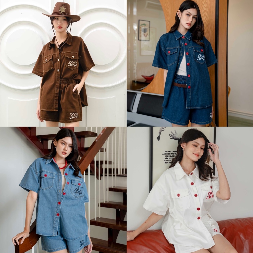 CHUUCHOP -(M-XL) Redvelvet denim set ชุดเซ็ทยีนส์ เสื้อแขนสั้นยีนส์เเละกางเกงขาสั้นยีนส์ ได้สองชิ้น 