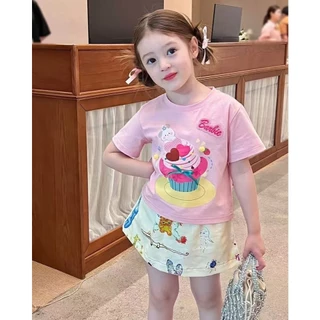 AY128 เซ็ตเสื้อยืด คัพเค้ก + กระโปรงลายการ์ตูน น่ารักสดใส สำหรับเด็กผู้หญิง ผ้านุ่ม ใส่สบาย