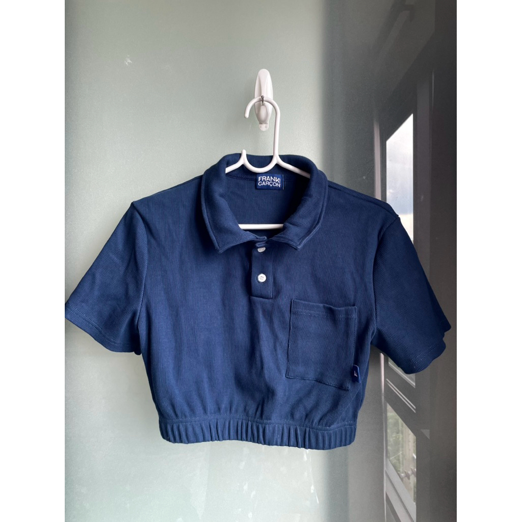 [พร้อมส่ง Frank Garcon] Used like new Polo Crop top สม็อกที่เอว สีน้ำเงินเข้ม