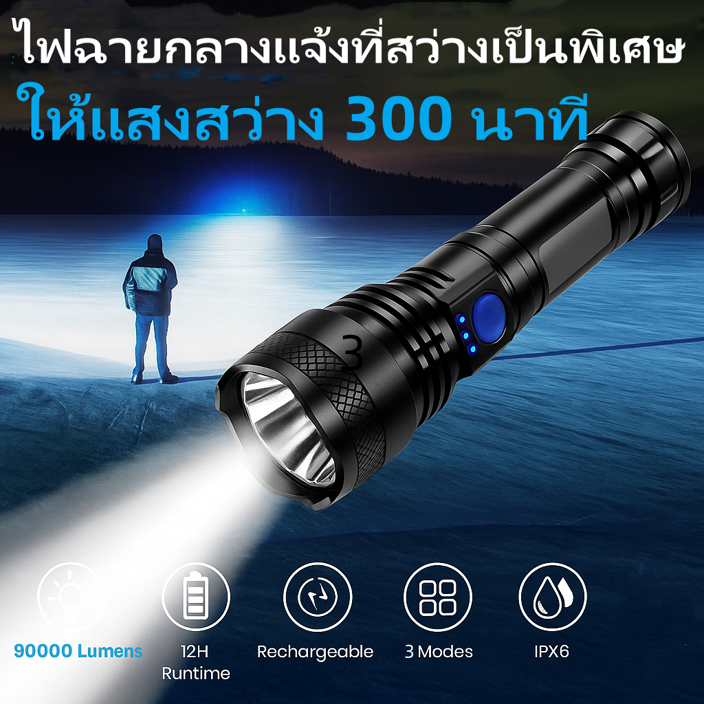 ไฟฉาย LED 90000 Lumens ชาร์จ USB ระยะไกล 9900 วัตต์ สำหรับการตั้งแคมป์กลางแจ้ง พร้อมชาร์จเร็ว ใช้งานง่าย สำหรับนักผจญภัย