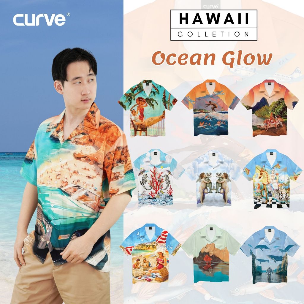 Curve  250412 เสื้อเชิ้ตแขนสั้น เสื้อฮาวาย ลาย Ocean Glow (size: S/M/L/XL/2XL/3XL/4XL) ผ้าไหมญี่ปุ่น