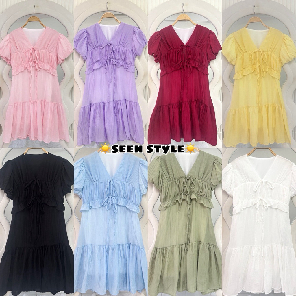 ☀️𝒔𝒆𝒆𝒏 𝒔𝒕𝒚𝒍𝒆 - เดรสแขนบอลลูนผูกหน้า (มีซับใน+เชือกผูกเอว) - รูปที่ 2