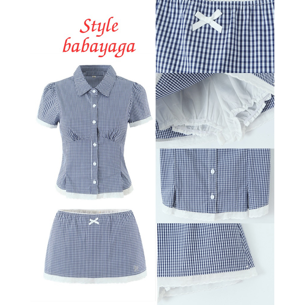 Stylebabayaga ชุดเซ็ทbabayaga vintage set เสื้อเชิ้ตแขนสั้นระบายลูกไม้เล็กๆรอบชุดทั้งเสื้อและกระโปรง ด้านหลังมีสม็อค ราคา ถูกที่สุด ดีลบีเคเค แกลเลอรีภาพที่ 3