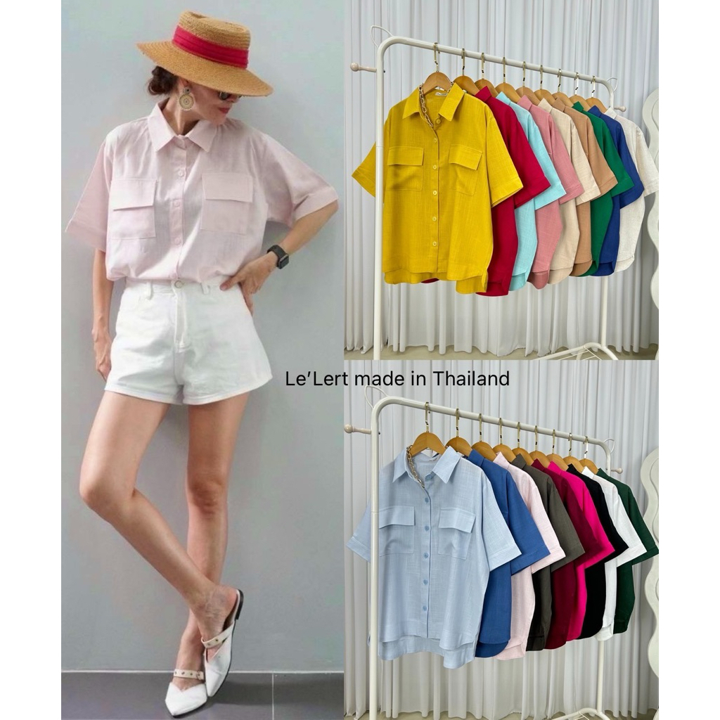 เสื้อเชิ้ต คอปก แขนสั้น กระเป๋าอกคู่ หน้าสั้น-หลังยาว ผ้าลินินผสม สีพื้น “อก 46 นิ้ว”