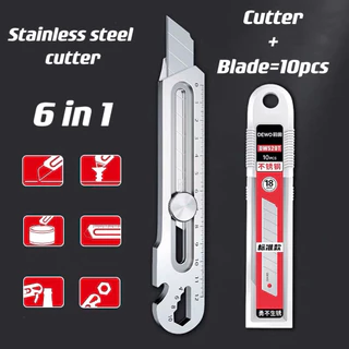 18mm สแตนเลสคัตเตอร์ มีดคัตเตอร์อย่างดีอเนกประสงค์,6 In 1 ARIDOO ใบมีดเหล็กคาร์บอนขวดที่เปิดขวดไม้บรรทัด