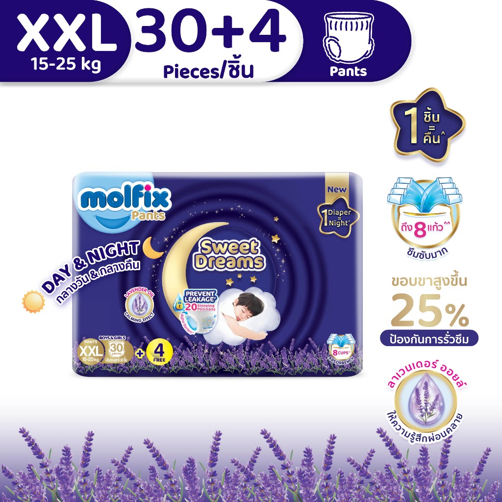 [ใหม่ 34 ชิ้น] Molfix กางเกงผ้าอ้อมเด็กโมลฟิกซ์ สวีต ดรีมส์ แพ้นส์ เดย์ & ไนท์ ไซซ์ XXL30+4 ชิ้น