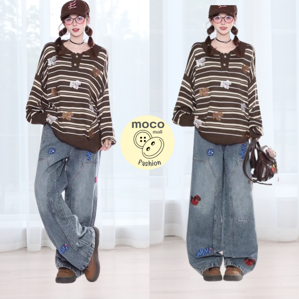 1741--NEWSIZE/S-10XLกางเกงยีนส์ขายาวสีกรมฟอกปักลายหนอนผ้าใส่สบายผ้านิ่มใส่ได้ทั้งชายละหญิงพร้อมส่ง