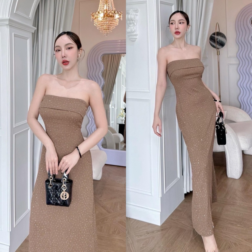 1309 [Wink Dress] ชุดเดรสยาววิ้งแต่งเพชรทั้งตัว อกเสริมฟองน้ำ เสื้อผ้า
