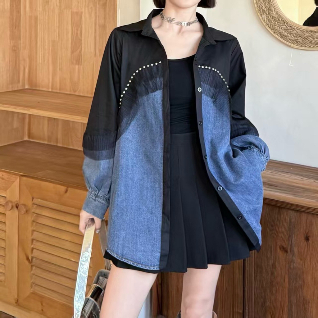 Jeans Patch Cotton Rim Frill DM Long Sleeve Shirt ราคา ถูกที่สุด ดีลบีเคเค