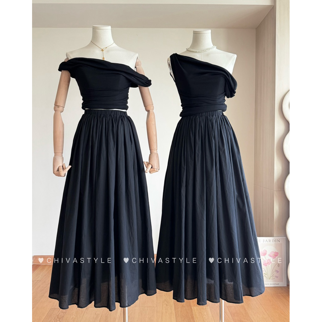 -𝐂𝐡𝐢𝐯𝐚- พร้อมส่ง‼️เซ็ตเสื้อปาดไหล่+กระโปรง(มีซับใน)