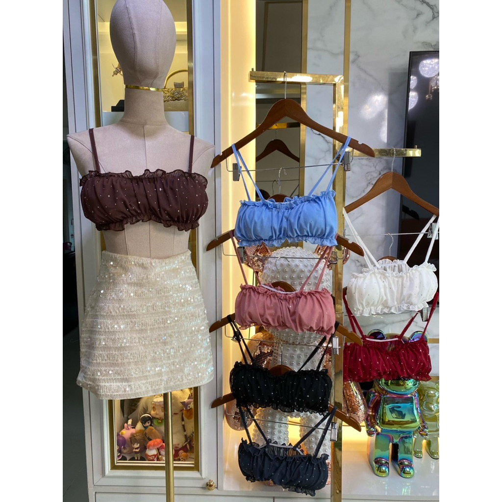mnv_shop  สายเดี่ยวมินิตัวจิ๋ว   ผ้าซีทรูเพชรเสริมฟองน้ำ