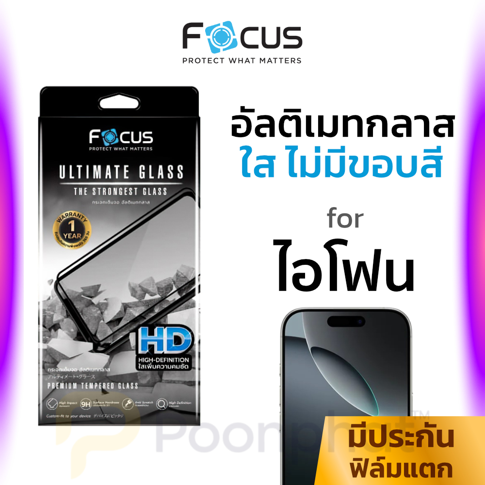 ฟิล์มกระจก Ultimate Focus for iPhone 17 16 15 14 13 Pro Max Plus Air โฟกัส ไอโฟน กันรอย ไม่เต็มจอ