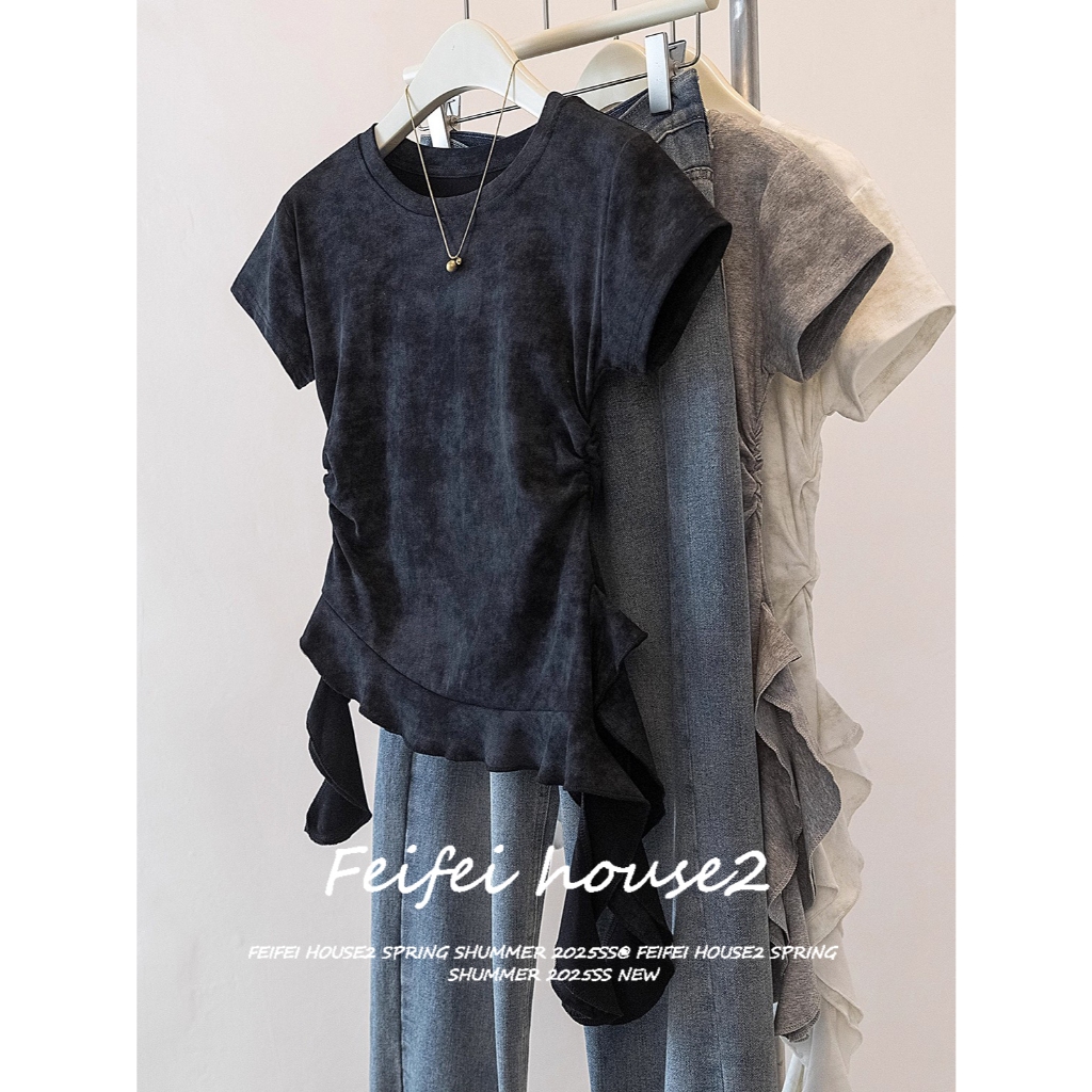 [Summer Ruffled Round Neck T-shirt]เสื้อยืดคอกลมแขนสั้นระบายสไตล์ยุโรปและอเมริกาสำหรับผู้หญิง