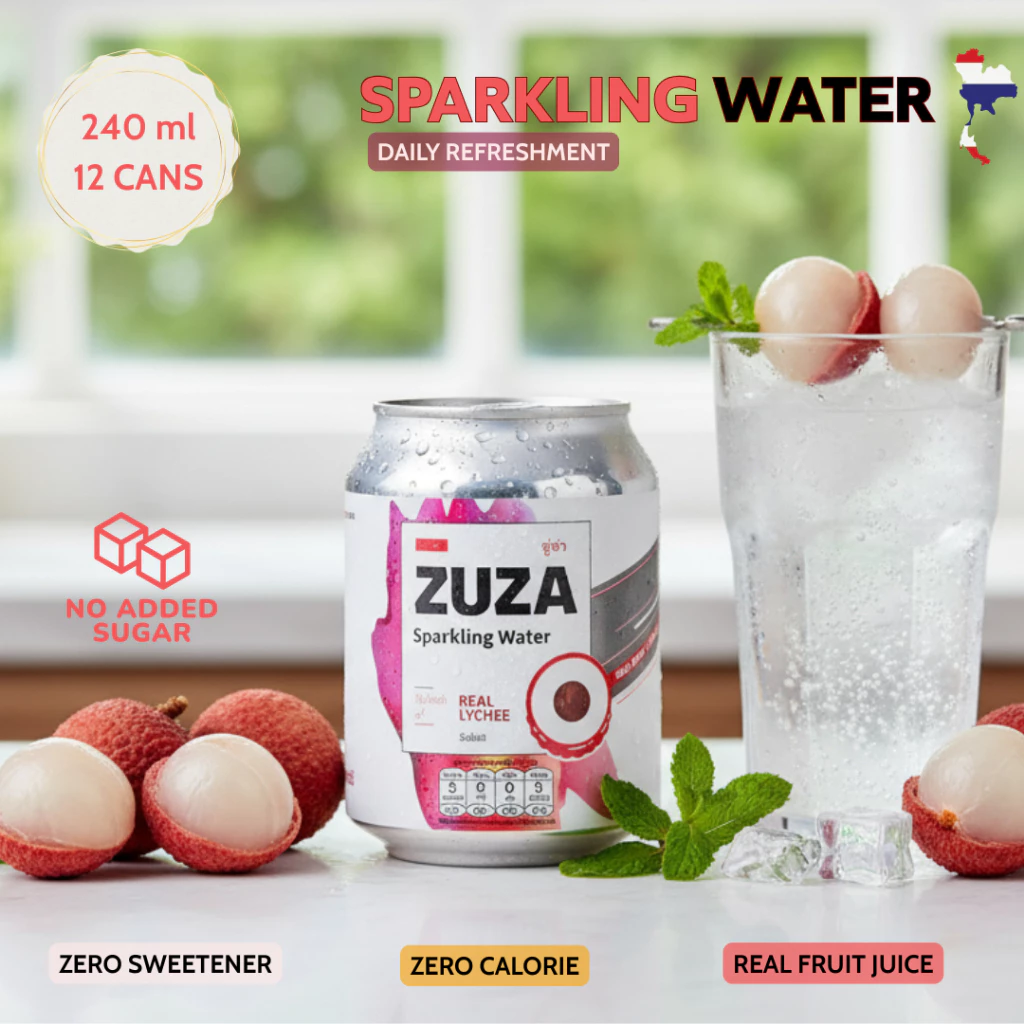 Zuza Lychee Sparkling Water (12-pack case) 240 mL/ น้ำดื่มสปาร์คกลิ้งรสลิ้นจี่ (12กระป๋อง) 240 มล.