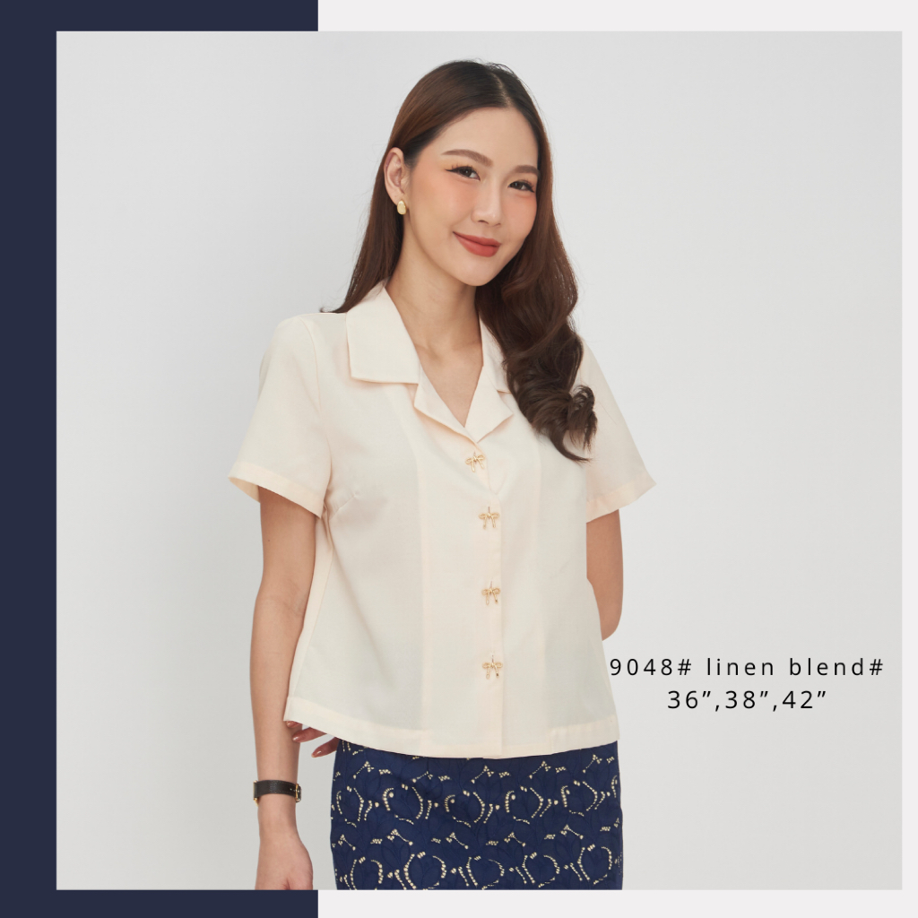 Laboratory 9048# เสื้อลินินผสม เสื้อคอปก ทรงครอป กระดุมโบว์สีทอง มีไซส์ 36,38,42