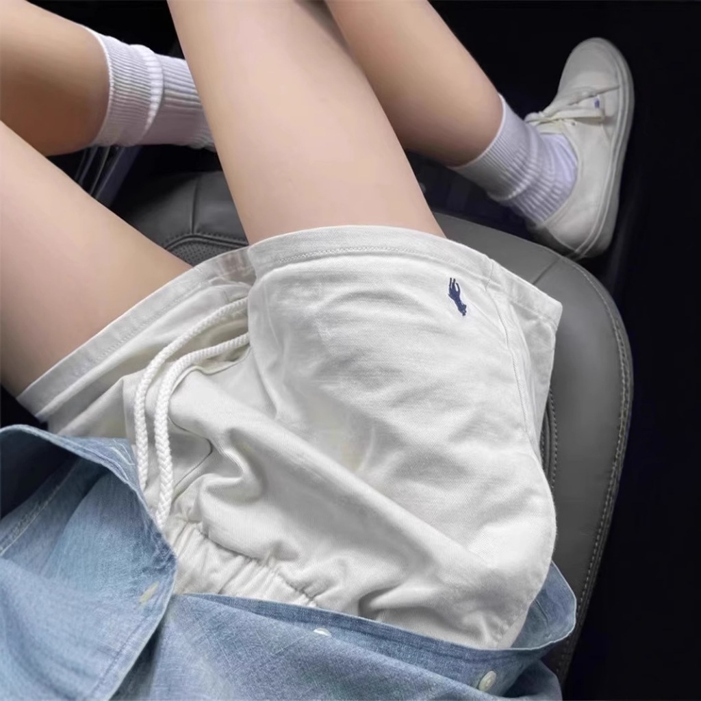 กางเกงขาสั้นปักลายม้าโพนี่ กางเกงขาสั้นออกกำลังกายเอวสูง ทรงหลวมพร้อมเชือกผูกและเอวยางยืด