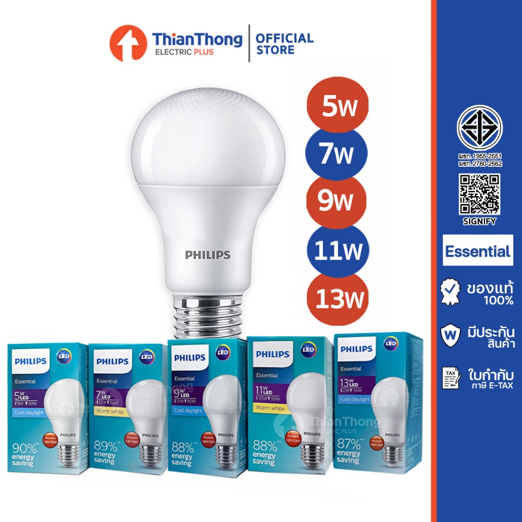 Philips หลอดไฟฟิลิปส์ LED Bulb 5W 7W 9W 11W 13W ขั้ว E27 (รุ่นกล่องเขียว Essential 8,000 ชม.)