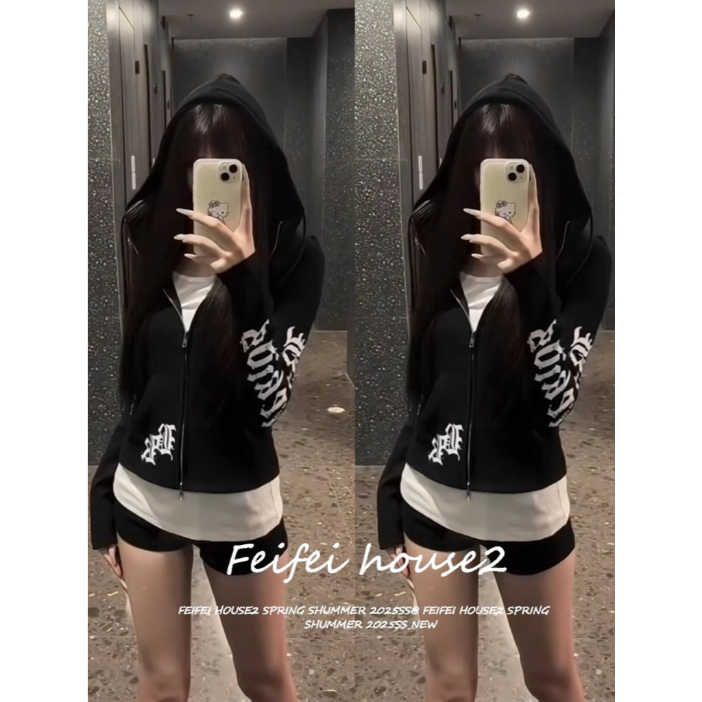 [Hip-hop print sports zip-up hoodie]เสื้อฮู้ดสไตล์ลำลองฮิปฮอปอร์สตรีทแขนยาวมีซิปสำหรับผู้หญิง