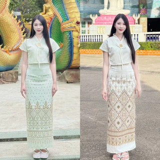 TANTANOD-รหัสTL24 ชุดเซตผ้าไทย เสื้อสไตล์ล้านนา กระโปรง(อัดกาว)ทรงแคบผ่าหลัง(ผ้าฝ้าย)
