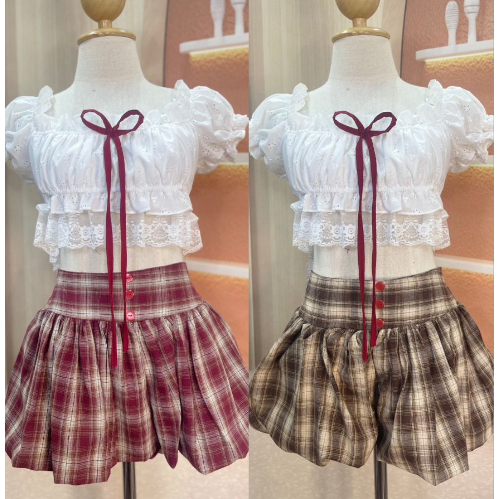 💰MahahengCloset💰กางเกงขาสั้นทรงบอลลูน ลายสก็อตสุดแบ๊ว 🎀 ใส่แล้วดูน่ารักสดใส💕