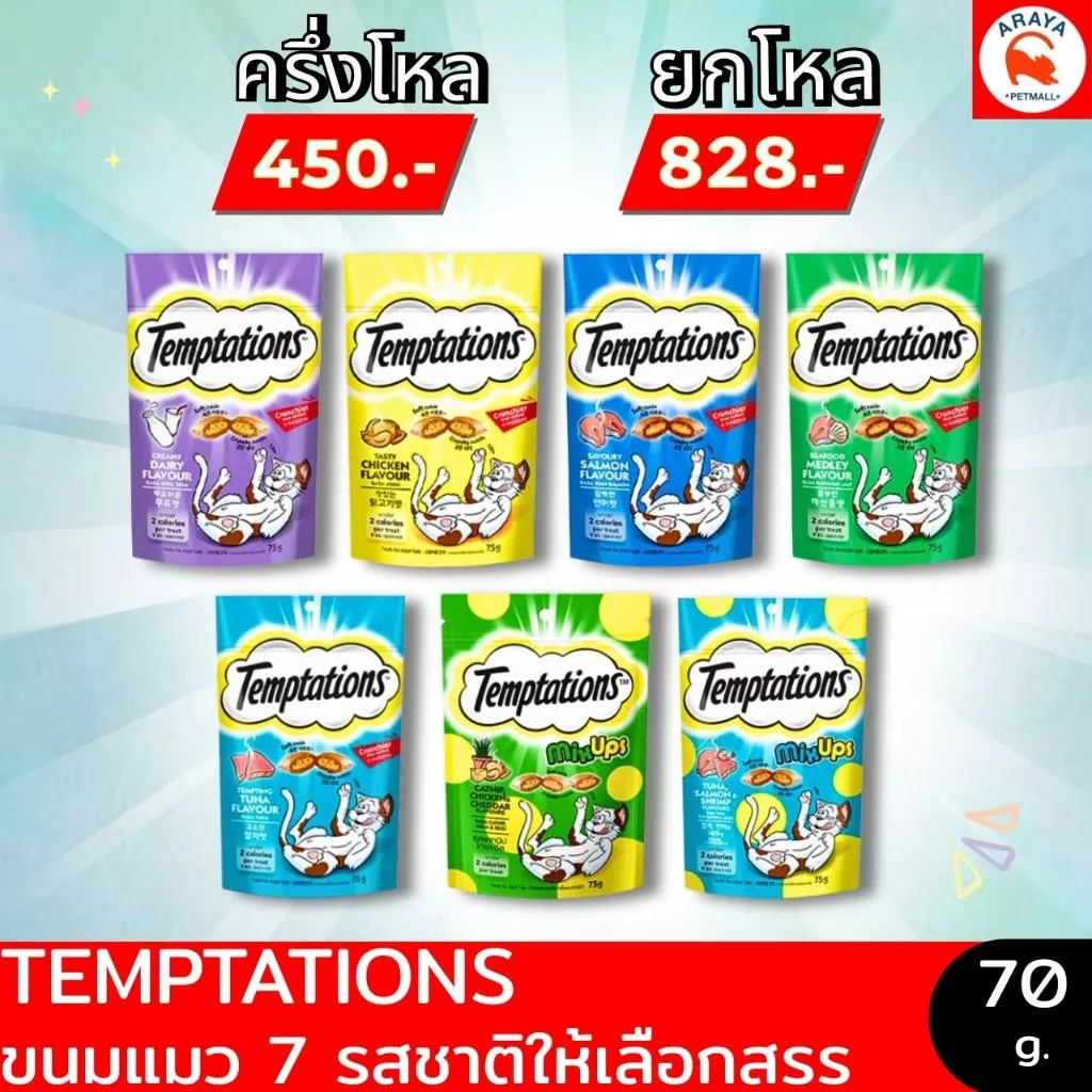 *75g.*ยกโหล/ครึ่งโหล ขนมแมว Temptation เทมเทชั่น ขนาด 75 กรัม