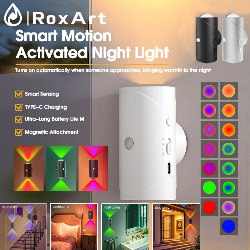 Roxart เซ็นเซอร์ไฟกลางคืน โคมไฟตกแต่ง 2หัว ตู้เสื้อผ้าห้อง ไฟบาร์ ของแต่งห้อง เปลี่ยนสีได้ 8สี กันน้