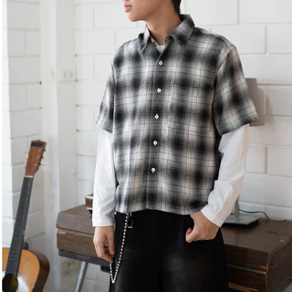 เสื้อเชิ้ตครอปลายสก๊อต Unisex Prompt plaid crop แขนสั้น มี3ไซส์ อก40"/44"/48" เสื้อเชิ้ตครอปผู้ชาย
