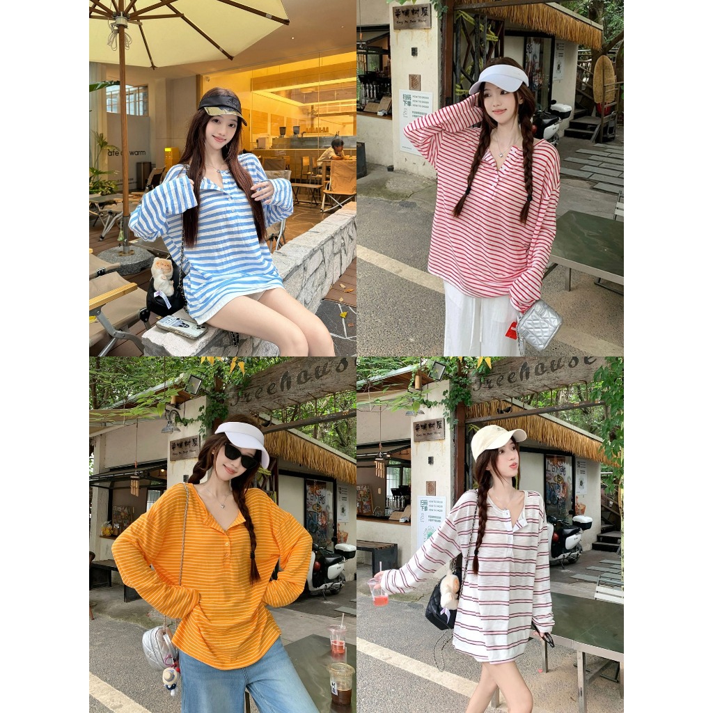 เสื้อยืดผู้หญิง เสื้อลายทาง สไตล์เกาหลี ทรงหลวม ใส่สบาย แมทช์ง่ายมาก #1502412