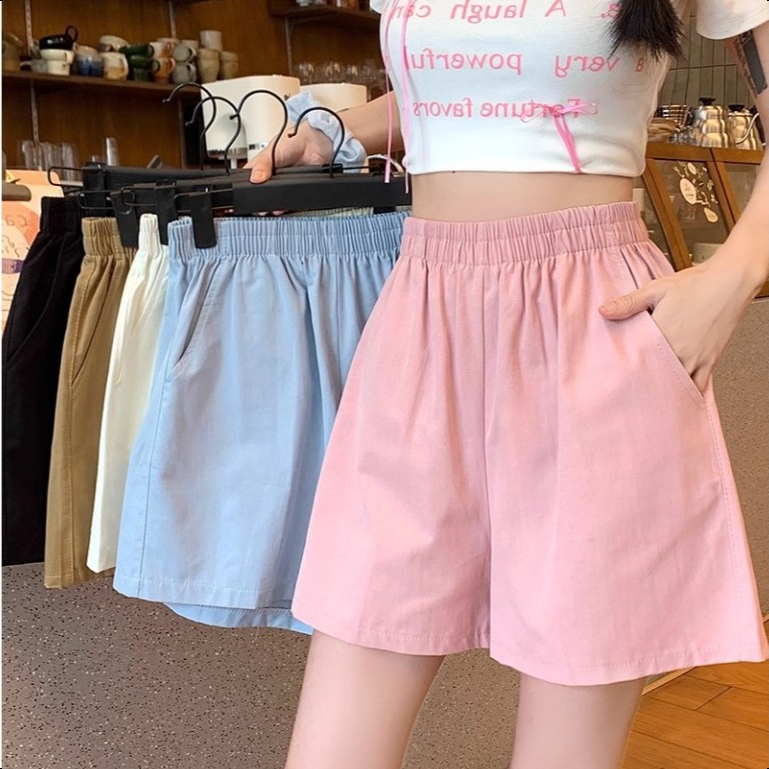 S-4XL กางเกงขาสั้นผู้หญิง แต่งกระเป๋า สีพื้น สไตล์ลำลอง