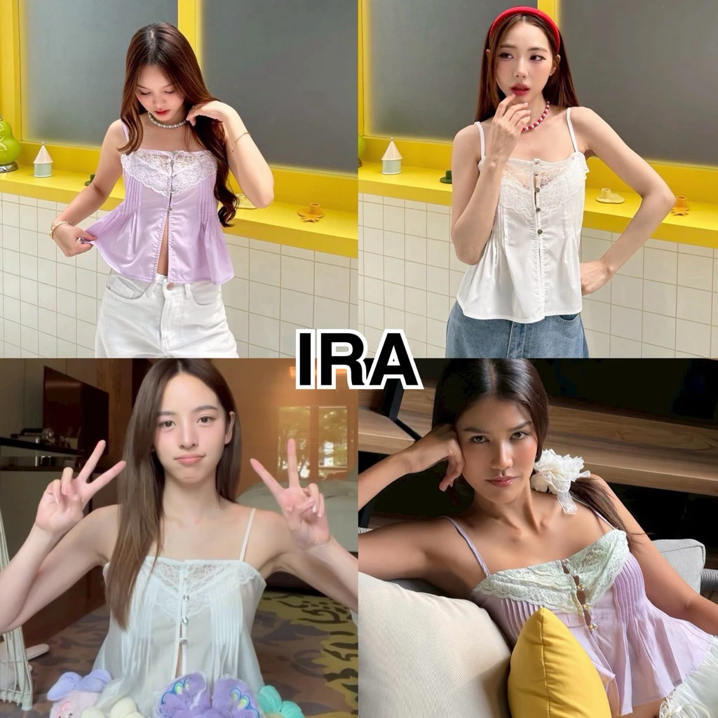 BY IRA(2025.9)เสื้อสายเดี่ยวลูกไม้ แต่งลูกไม้ช่วงอก กระดุมหน้า จับจีบด้านหน้า สายปรับได้ ผ้าใส่สบาย ต้องมีติดตู้ค้าสาวพะ
