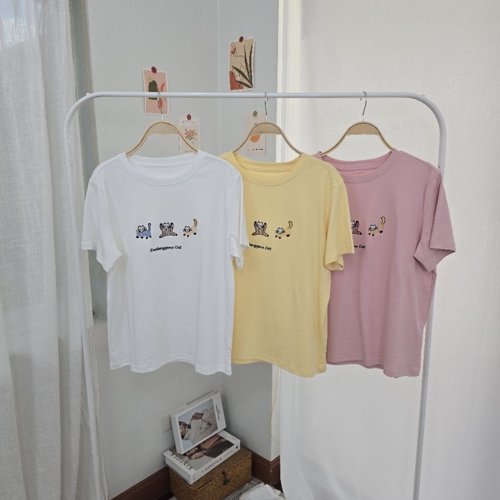 [ T3 ] เสื้อยืดเกาหลี ผู้หญิง Free size cotton premium ลายปักแมวน่ารัก