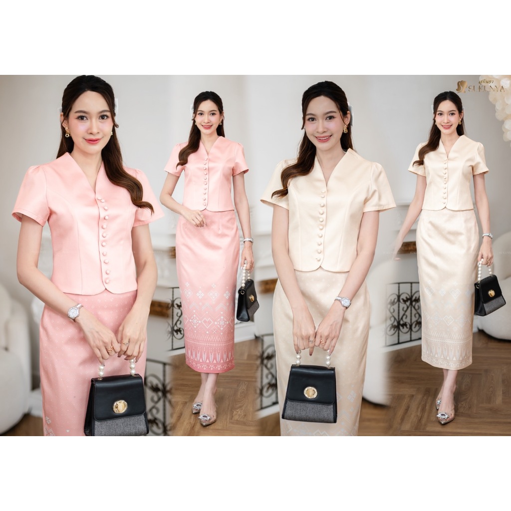 รหัส6797-3:งานSet 2 ชิ้น (เสื้อ+กระโปรงยาว)งานผ้าโพลีเอสเตอร์งานพิมพ์ลายแพรวา