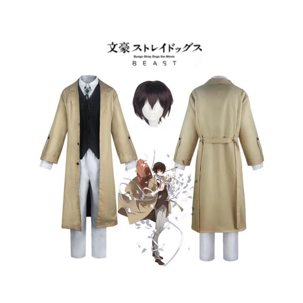 Dazai Osamu คอสเพลย์ Bungo Stray Dogs เครื่องแต่งกายผู้ชายและผู้หญิงสีกากี Trench Coat ชุด Unisex Ac