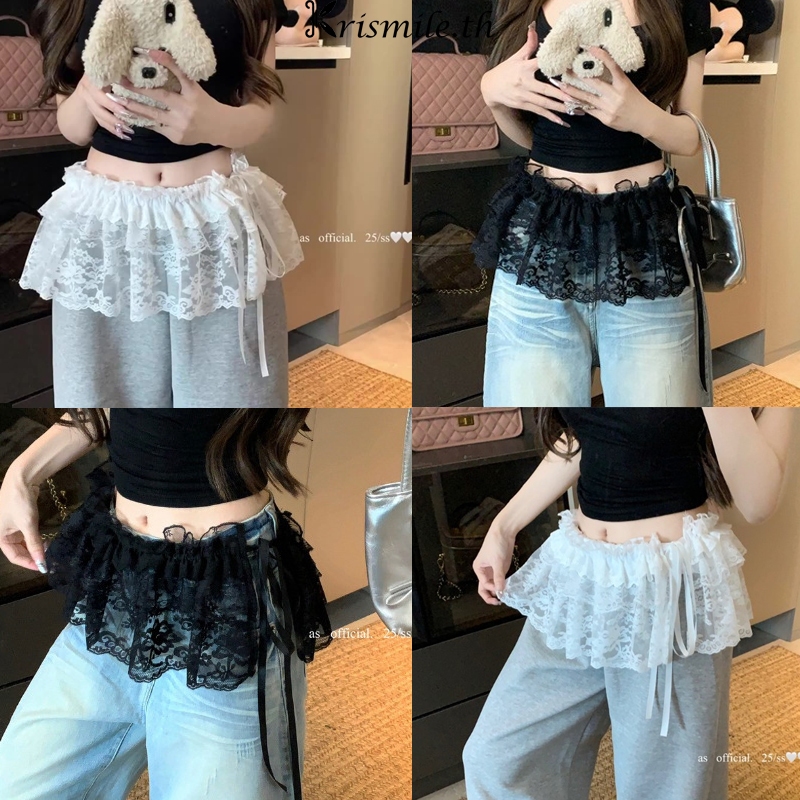 COD-ในไทย💖ลูกไม้มินิกระโปรงปักดอกไม้ Y2Kแฟชั่นสไตล์เกาหลีหวาน Lace Up Ruffles ดูผ่าน กระโปรงกางเกงยีนส์ตกแต่ง