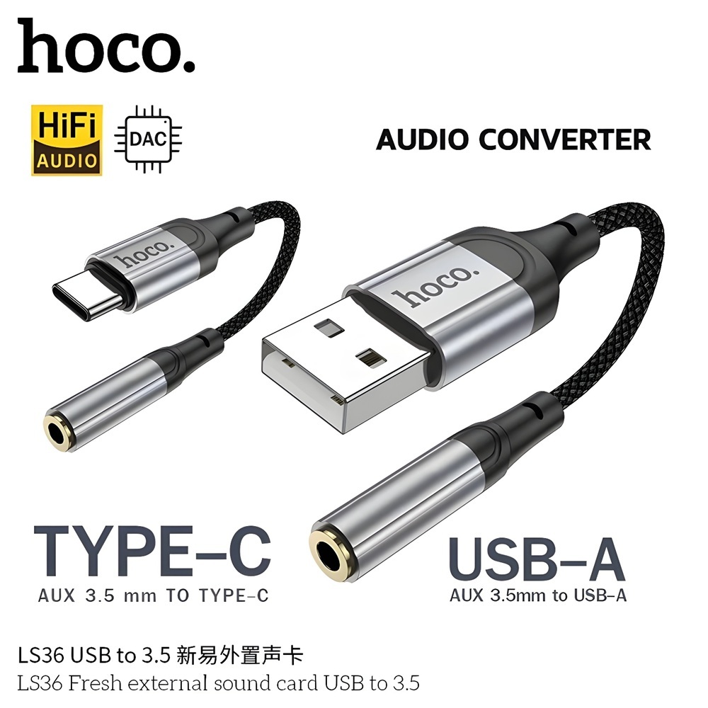 HOCO LS36 ตัวแปลงช่องหูฟัง Type-C / iOS / USB to 3.5 mm รองรับการฟังเพลง คุยโทรศัพท์ Audio Converter