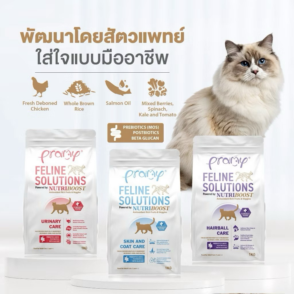 Pramy Feline Solutions 🌈🩷อาหารแมวสูตรเฉพาะทาง พัฒนาโดยสัตวแพทย์1 kg.