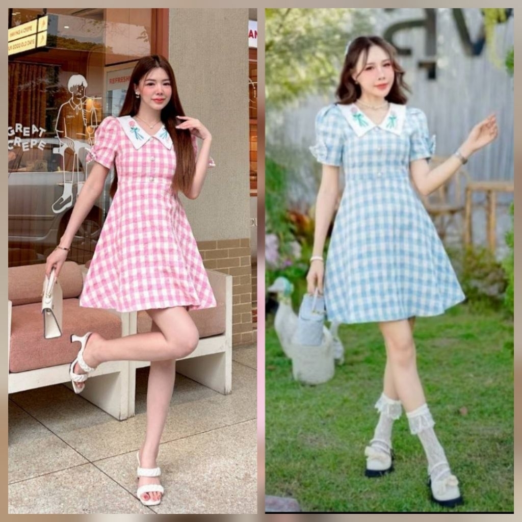 4475💘ฟ้ามีS,L💘ชมมีS-4xl[อกเล็ก1"]ยาว33"เดรสสั้นลายสก๊อตโทนฟ้า