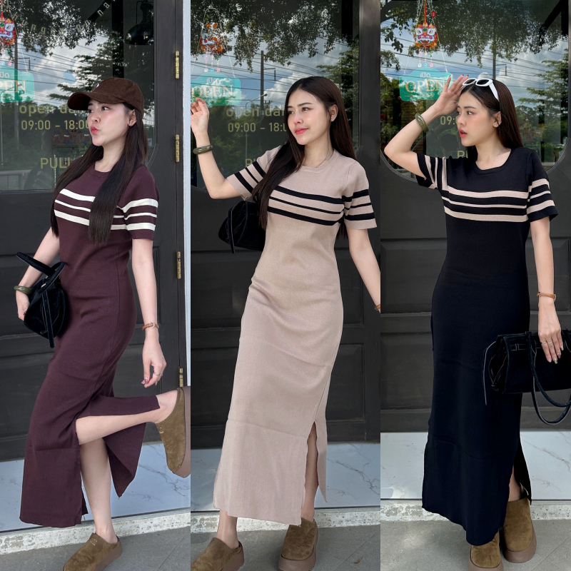 🌈SpinnyHouse🌈เดรสยาว ผ้าไหมพรม แต่งแหวกข้าง ผ้าไหมพรมทอลายเส้นคาดอก เนื้อผ้าหนานุ่ม รุ่น รีสอร์ท