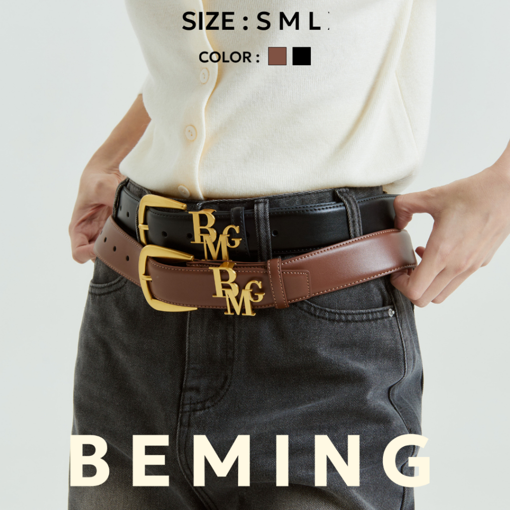 Bemingbelt003-BMG Metal Logo Belt-เข็มขัดสายเรียบ หนังเรียบเงากำลังดี