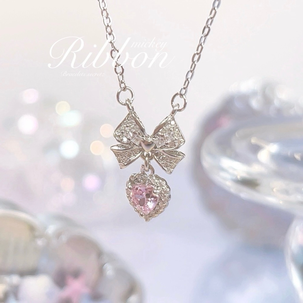 ลด80฿   โค้ดหน้าร้าน  Ribbon   สร้อยคอชุบเงินแท้ 92.5%สร้อยคอโบว์ คริสตัลชมพู หัวใจ สร้อย ชมพู คุณหนู (25) Frozen
