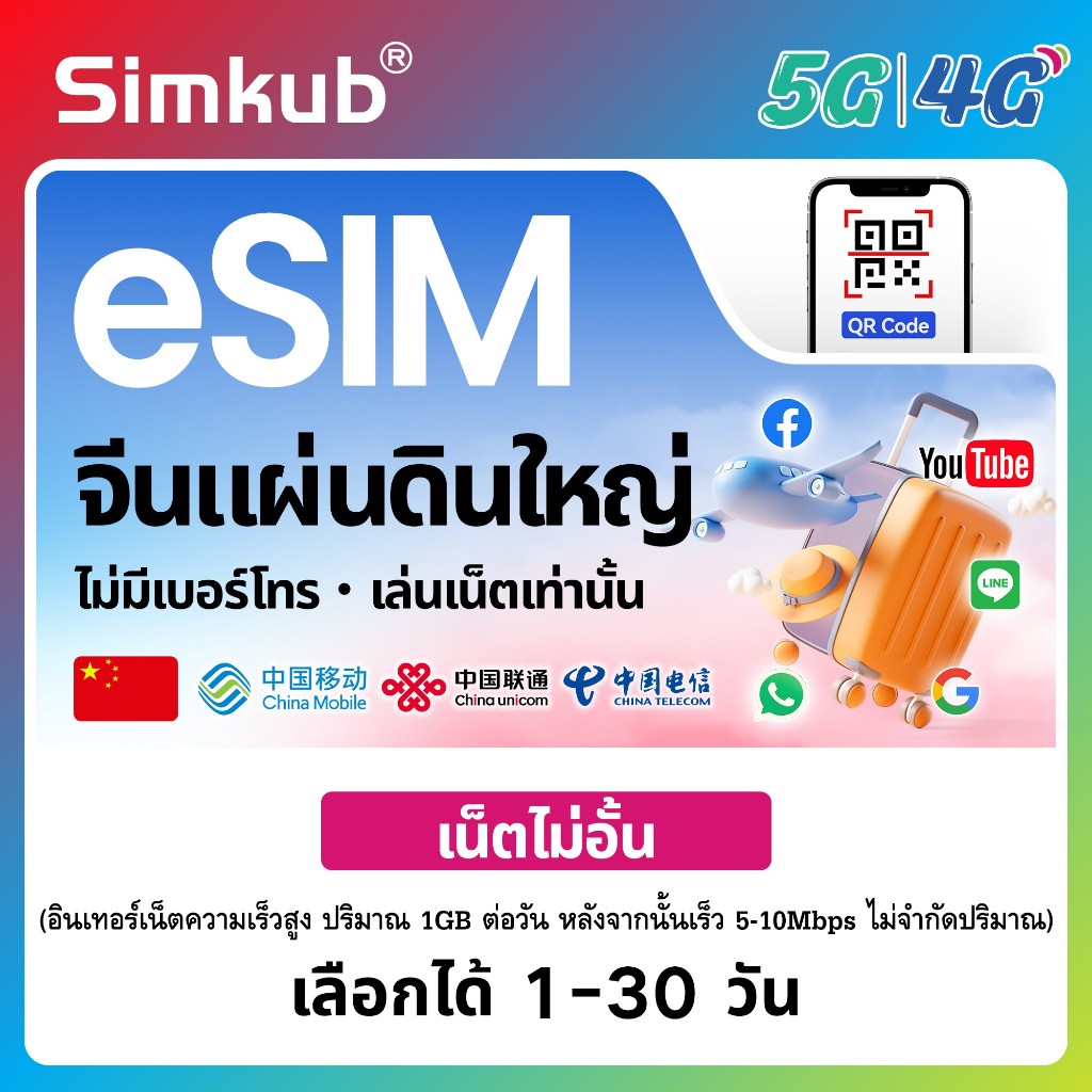 eSIM Mainland China ซิมท่องเที่ยว จีน เน็ตไม่จำกัด รองรับ 5G/4G เลือกได้ 1-30 วัน