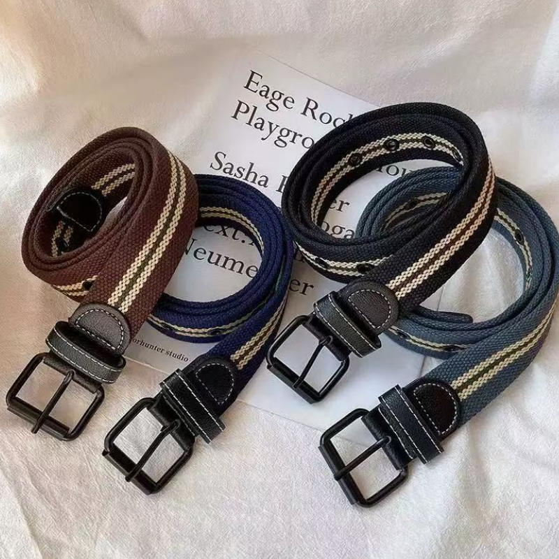 แฟชั่น ความเรียบง่าย สันทนาการ ร้อยชุด ผู้ชาย ผ้าใบ แถบ สีดำ รูเข็ม เข็มขัด