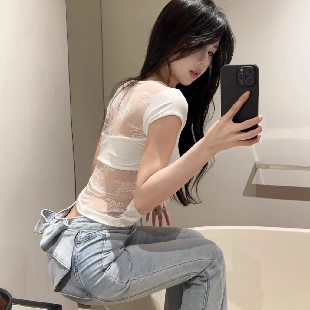 เสื้อยืดแขนสั้นรัดรูปหลังซีทรู  ดีเทลลูกไม้ พร้อมส่งจากในไทย มีฟองน้ำ ใส่สวยเซ็กซี่ รูปที่ 4
